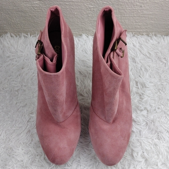 Colin Stuart Pink Suede Brass Buckled Upper Almond Toe Stiletto Heel Bootie - Picture 2 of 16